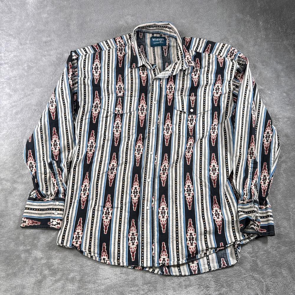 Wrangler Western Shirt Men M Multi Aztec Checotah Stripe Pearl Snap Long Sleeve